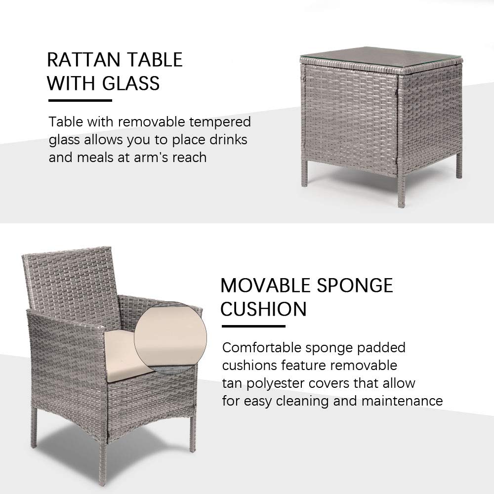 Lacoo 3 Pieces Outdoor Patio Furniture Gray PE Rattan Wicker Table and Chairs Set Bar Set with Cushioned Tempered Glass (Grey / Beige) 2 - image 4 of 6