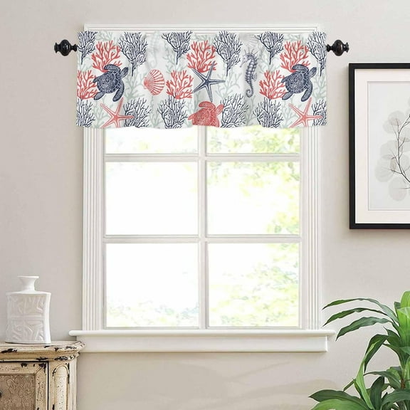Navy Blue Valance Curtains Summer Turtle Starfish Coral Chicken Valances for Windows Seashell Seahorse Ocean Tier Curtain Rod Pocket Valances for Kitchen/Bedroom/Living Room, 1 Panel, 54x18 Inch
