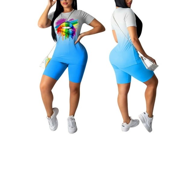 Women´s Gradient Lip Print Set Round Neck Short Sleeve Top + Slim Elastic Waist Shorts