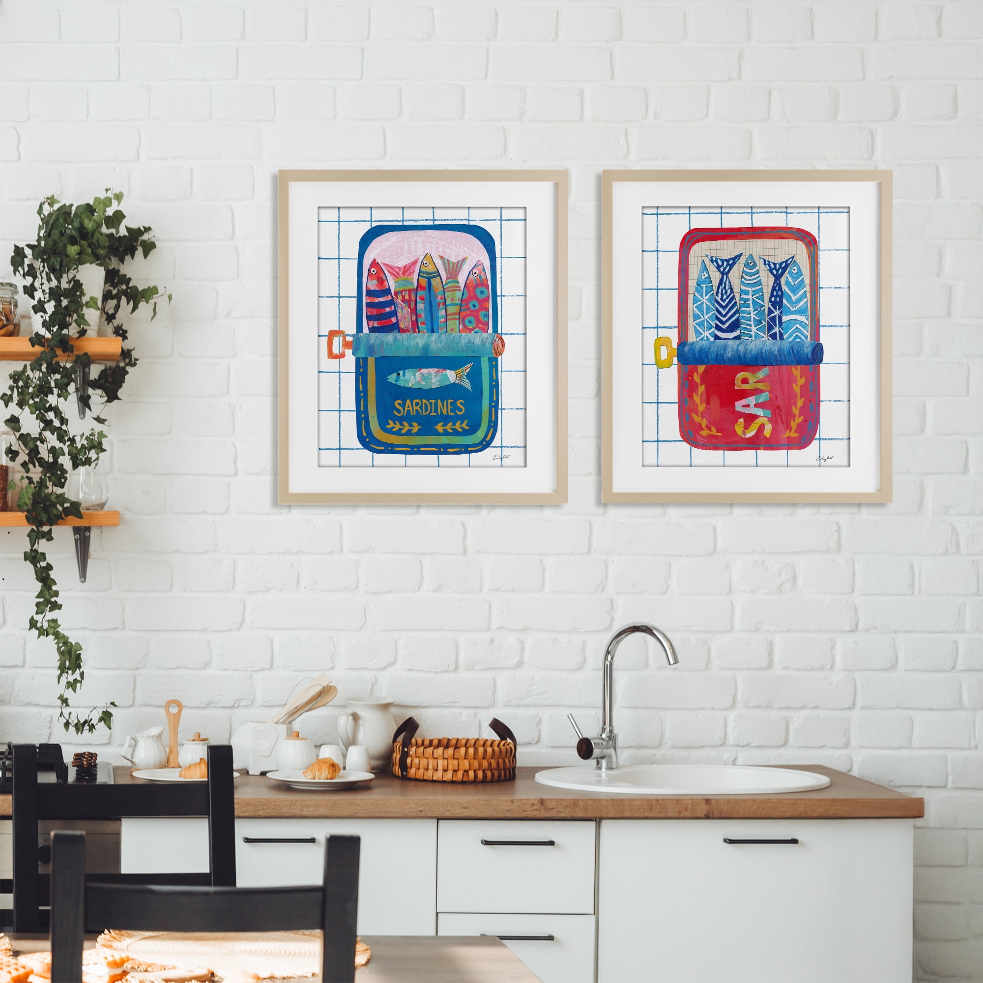 Stupell Industries Whimsical Silly Sardines 2 Piece Birch Framed Print Under Glass Set, design by Courtney Prahl