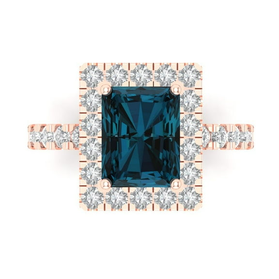 3.84ct emerald cut natural london blue topaz 14k pink rose gold engraving statement Bridal Wedding halo Designer Ring size 7.5