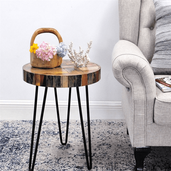 SLSRFD Reclaimed Wood End Table, Sofa Side Table with Metal Frame, Round Design, Living Room & Bedroom Furniture