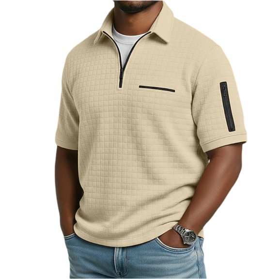 Domzest Mens Polo Shirt Big and Tall Quarter Zip Lapel Collar Short Sleeve T Shirt 2026 Casual Stylish Grid Textured Golf Shirt Khaki 3XL