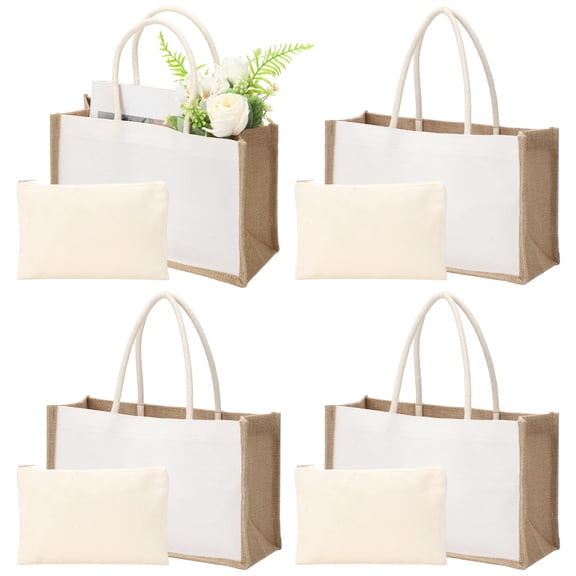 4 Sets Jute Burlap and Canvas Tote Bags with Canvas Makeup Pouches, 12.6 x 8.3 x 5.1 in Reusable Blank Tote Bags with Natural Jute Lining for DIY, Craft