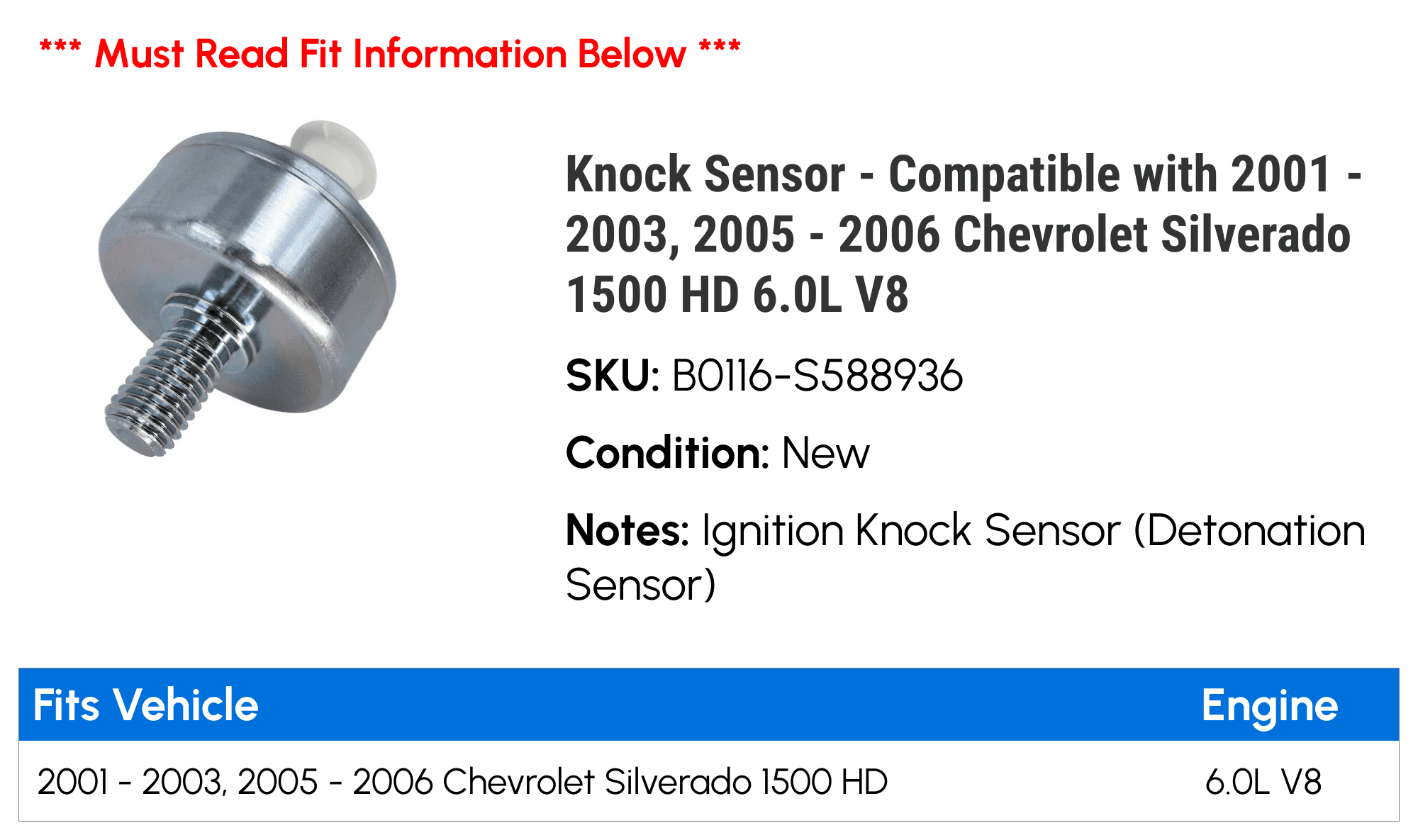 Knock Sensor - Compatible with 2001 - 2003, 2005 - 2006 Chevy Silverado 1500 HD 6.0L V8 2002