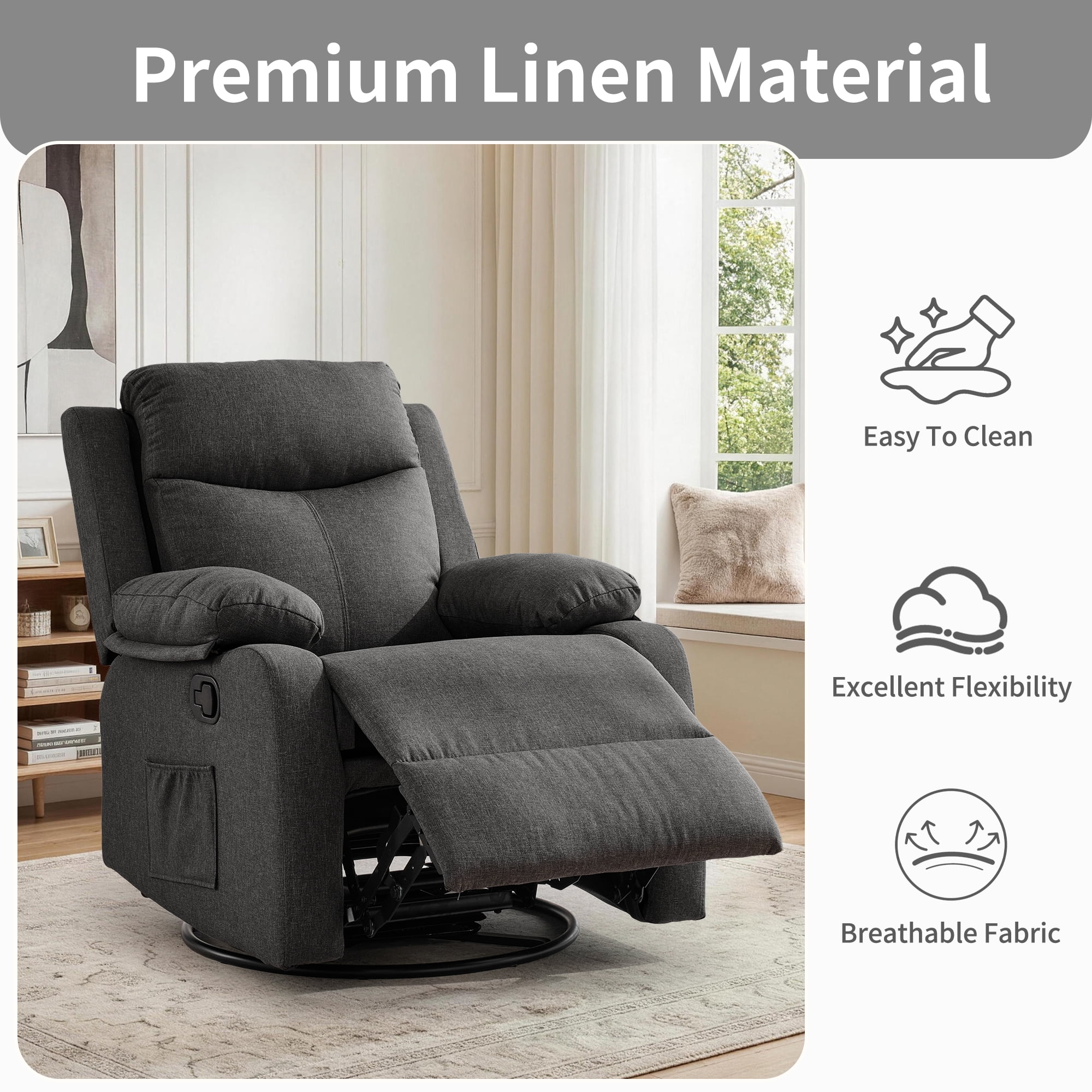 GEEYOO Manual Swivel Rocker Recliner Chair with Side Pockets,Small Recliner Chair for Small Spaces,Upholstered Linen Fabric Glider Nursery Chair for Living Room,Dark Grey