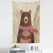 Cartoon Tapestry, Bear Wearing Red Scarf Under Snow Winter Cold Weather Playroom Print, Fabric Wall Hanging Decor for Bedroom Living Room Dorm, 5 Sizes, Brown Sand Brown, by Ambesonne