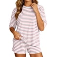 thumbnail image 2 of Guieoi Summer Two-Piece Outfit Casual Striped Color-Blocked Round-Neck Short-Sleeve Top and Shorts Summer Set, 2 of 8