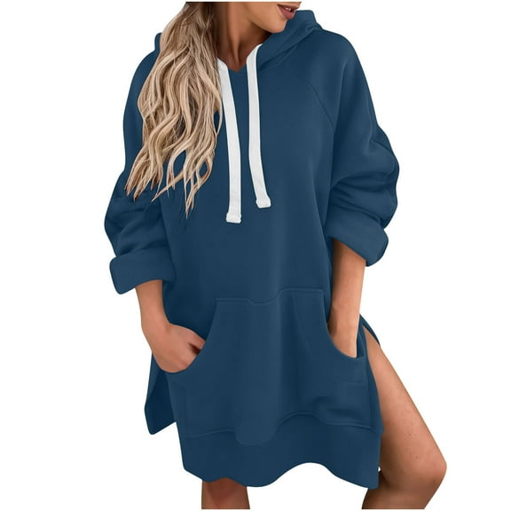 Womens Plus Size Hoodies, Long Sleeve Pullover for Women Fall Fashion Loose Fit Solid Color Side Slit Long Length Hooded Sweatshirts with Pockets