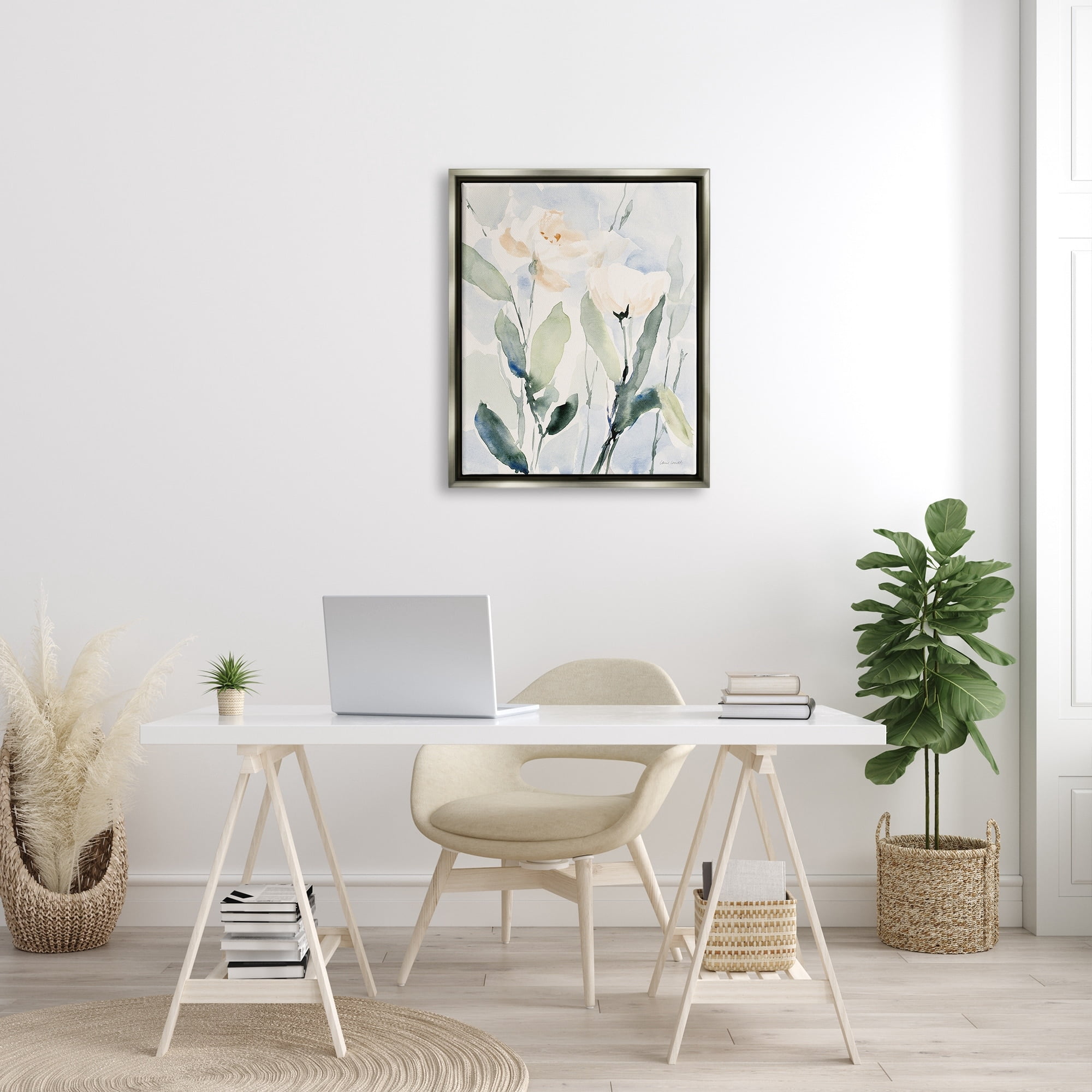 Stupell Industries Traditional White Flower Blossoms Watercolor Detail Painting Luster Gray Floating Framed Canvas Print Wall Art, Design by Lanie Loreth