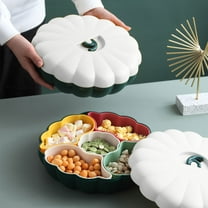 Pumpkin Shaped Snacks Serving Tray, Wheats Pumpkin Candy Box with Lid Multi Sectional Snack Bowl Trays, Dried Fruit Tray Organizer for Home Holiday(White)