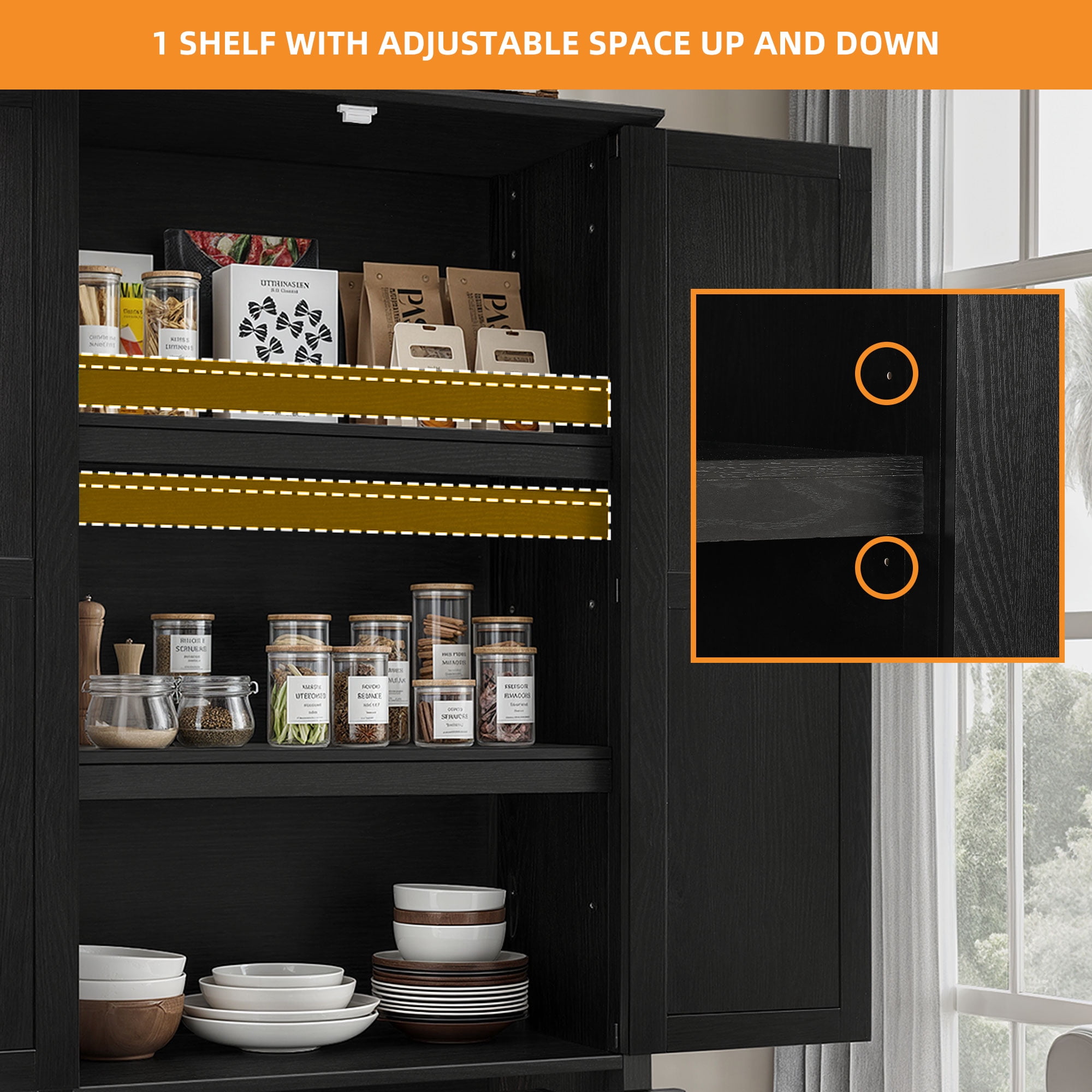 Craftian Kitchen Pantry Cabinet with Storage Shelves, Storage Cabinet with Doors & Drawers, Black
