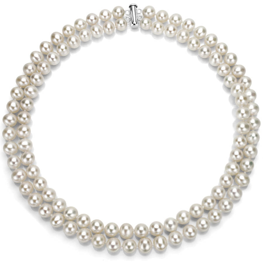 White Freshwater Pearl Necklace for Women, Sterling Silver 2 Row 17" & 18" 9mm x 10mm by Generic