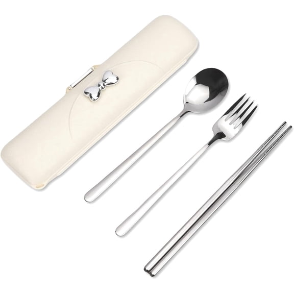 MOAMUN Travel Utensils with Case, Reusable Silverware Set for Lunch Box，Portable Cute Cutlery Set Adult, 18/8 Stainless Steel Spoon Fork Chopsticks for Work, Camping, Picnic, Dishwasher Safe（Yellow）