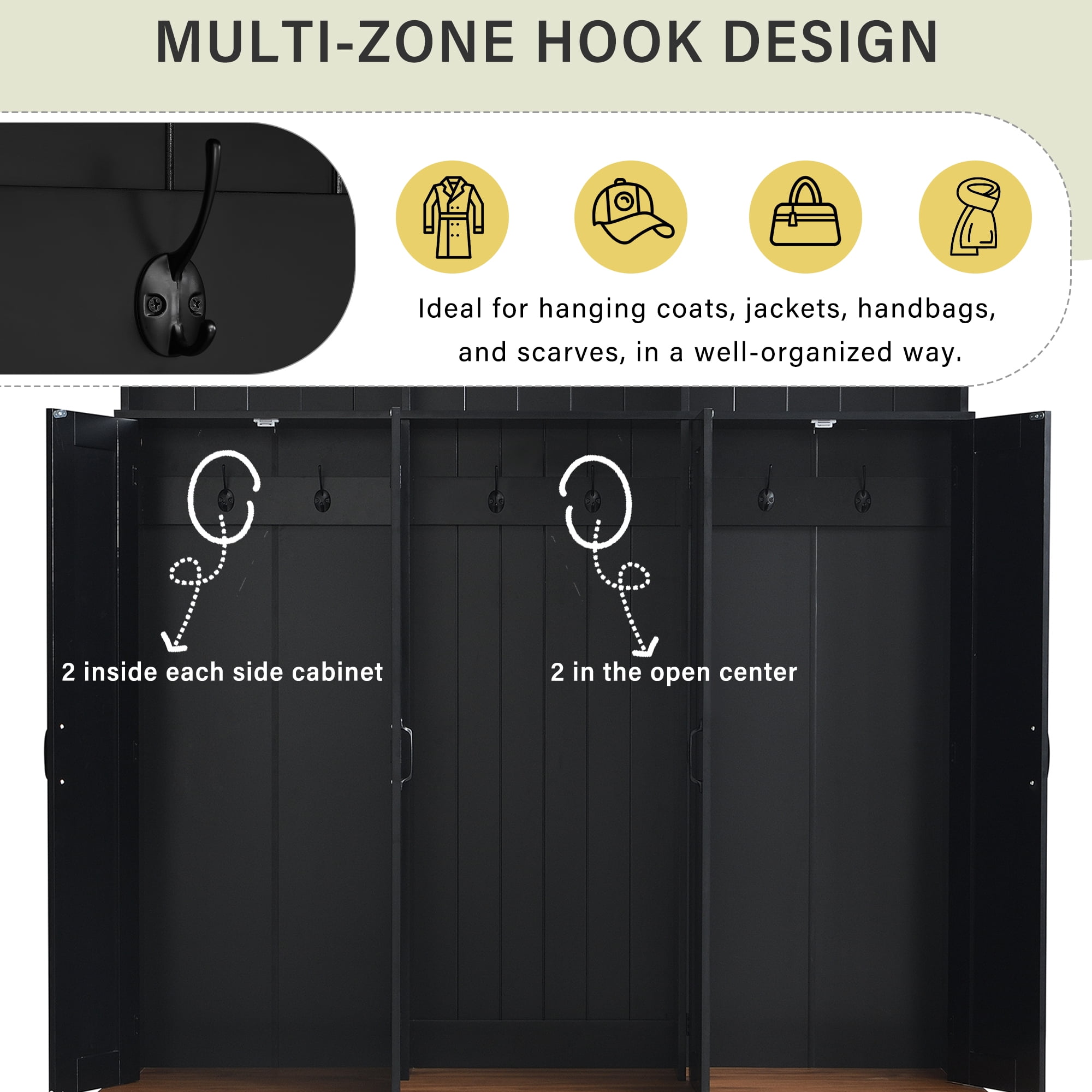 Mintazer 62.2"W Entryway Hall Tree with Coat Rack, Storage Bench & 3 Top Cubbies, Freestanding Shoe Cabinets for Hallway, Mudroom, Bedroom, Black