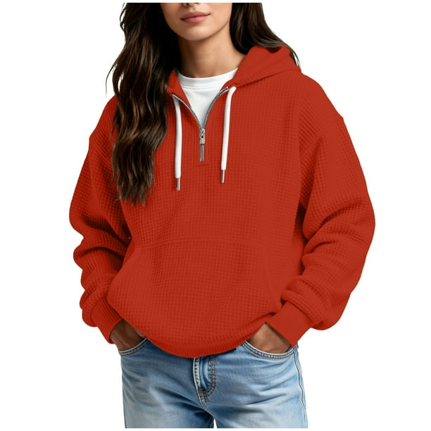 Ounisa Womens Hoodies Casual Long Sleeve Drawstring Waffle Pullover Tops Loose Hooded Sweatshirt with Pocket