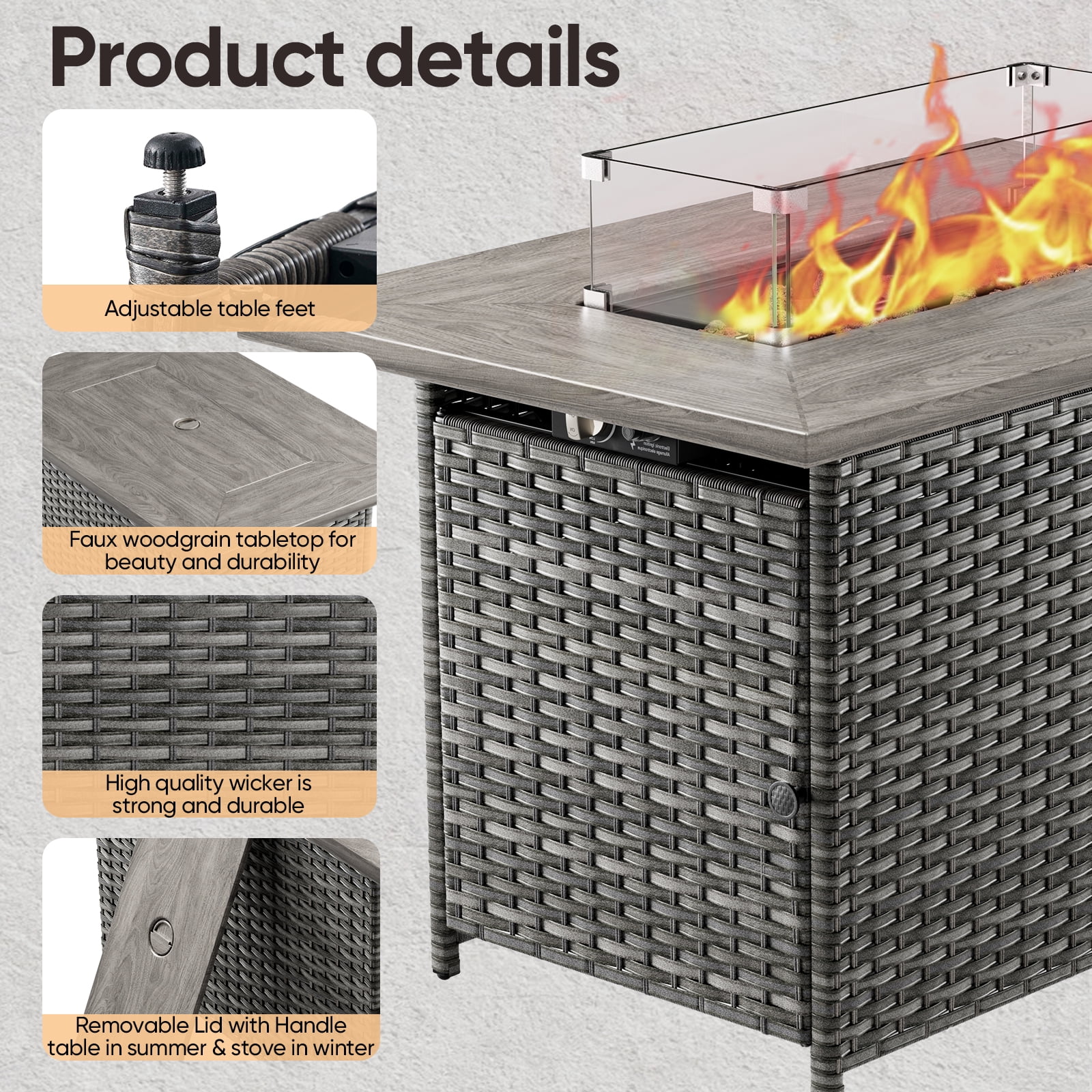 Gymojoy Gray 41 in. 50000 BTU Rectangular Wicker and Metal Propane Outdoor Dining Fire Pit Table with Glass Wind Guard Lid,Lava Rocks