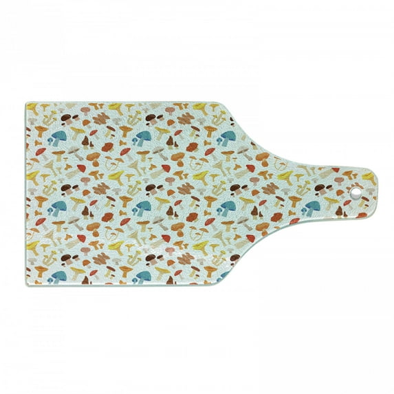 Mushroom Cutting Board, Colorful Cartoon Forest Toadstool Pattern Autumnal Nature Fungus, Decorative Tempered Glass Cutting and Serving Board, Wine Bottle Shape, Multicolor, by Ambesonne