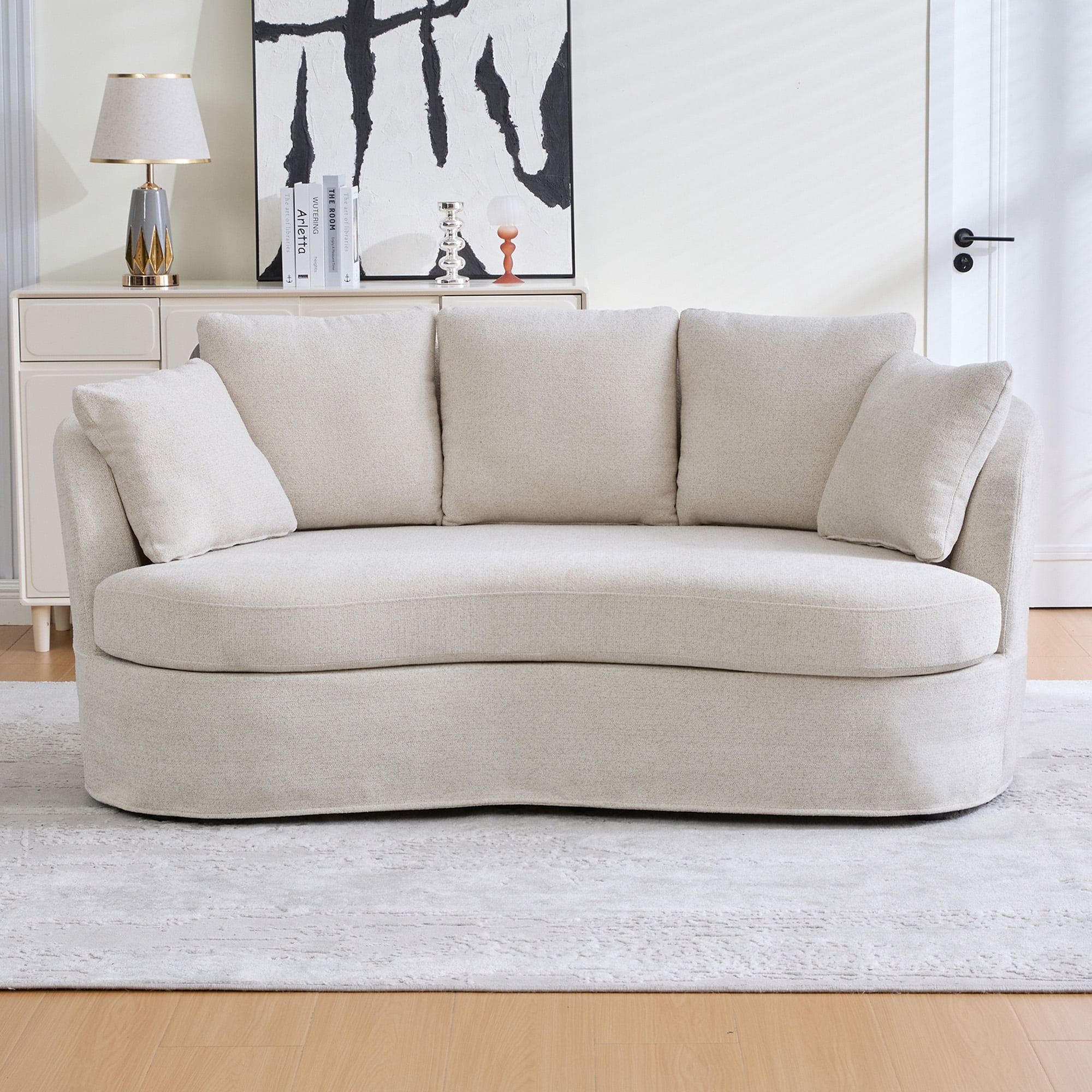 Arouseden 74" Curved Couch for Small Space,Upholstered Beige Loveseat Sofa with 3 Removable Cushions,Small Apartment Couch with Curved Backrest,Chenille Modern Curved Sofa for Living Room
