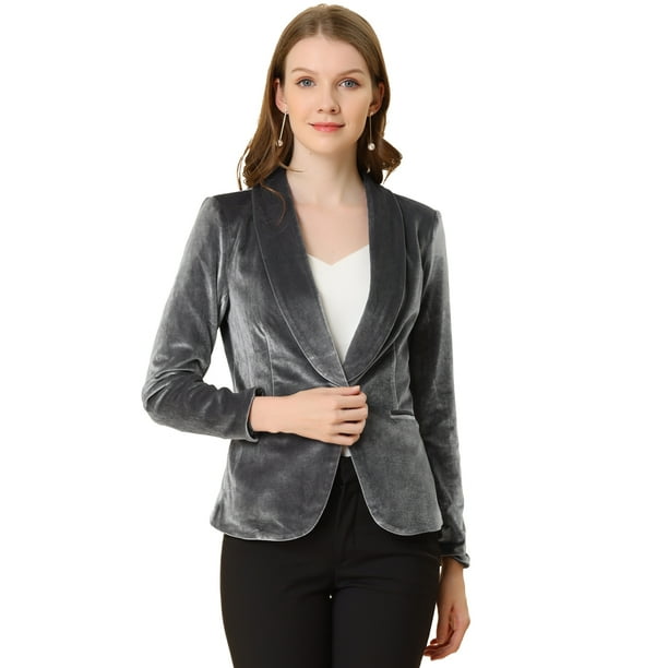 Abrigo de Oficina para Mujer Allegra K Chaqueta de Terciopelo con Botones y Cuello Chal Gris M