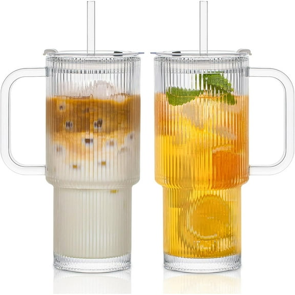 26oz Ribbed Glass Tumbler with Handle & Lid – 2-Pack Large Iced Coffee Cups with Straws, Modern Glass Mug for Cold & Hot Beverages, Aesthetic Travel Cup for Smoothies, Tea, and Juice