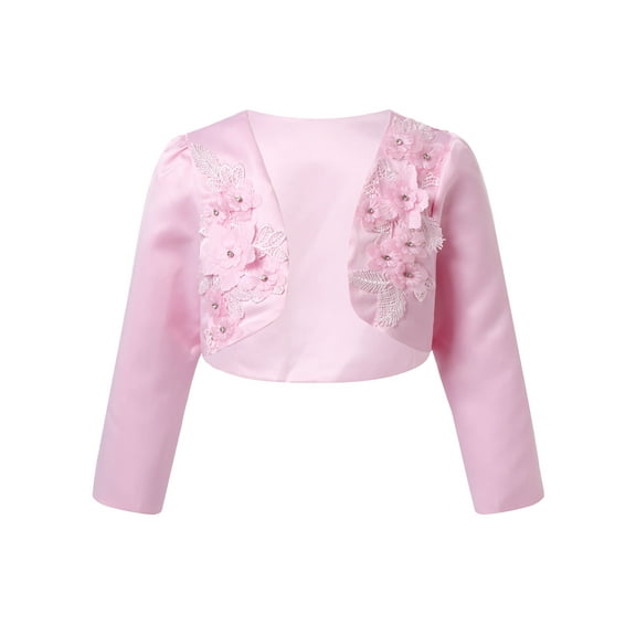 HULIJA Kids Girls Long Sleeve Open Front Bolero Cardigan Shrug Flower Wedding Princess Dress Cover Up Pink 110