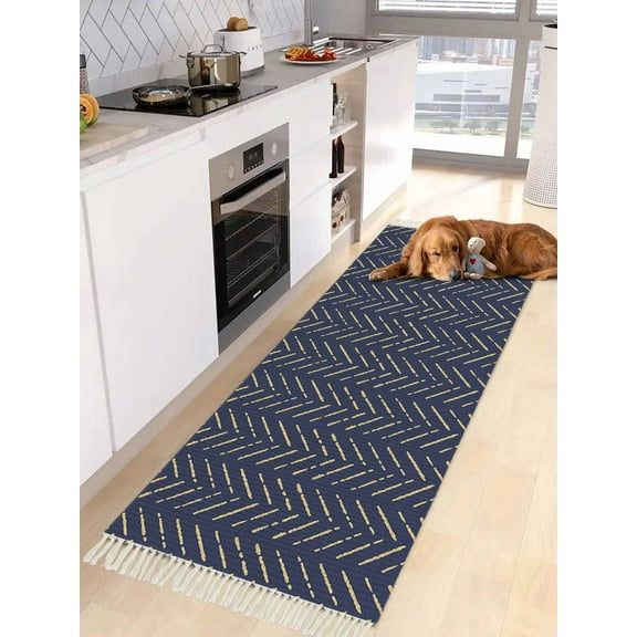 Blue Yellow Geometric Entryway Runner Rug 2x4ft,Modern Abstract Art Striped Washable Woven Living Room Hallway Bedroom Kitchen Carpet with Tassels,Indoor Outdoor Throw Door Mat for Entryway