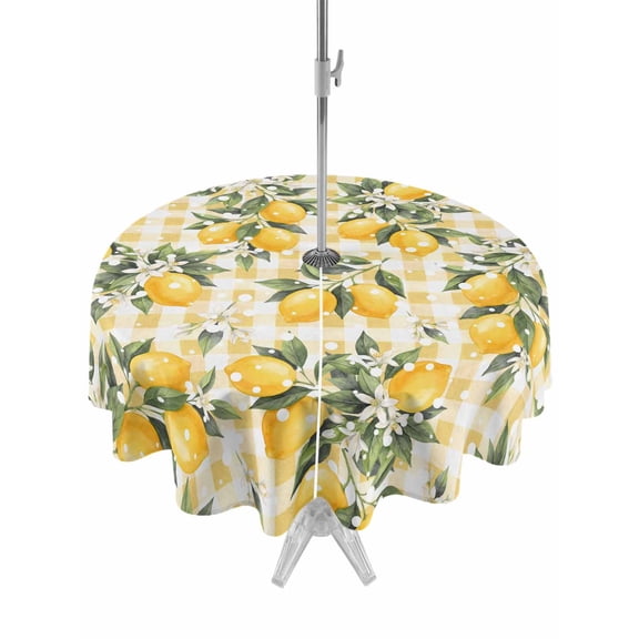 Outdoor Tablecloth with Umbrella Hole for Patio/Picnic/Party/Camping, Summer Lemon Waterproof Table Cloth Round Cover Washable, Tropical Botanical Leaves Yellow Plaid (Dia 60")