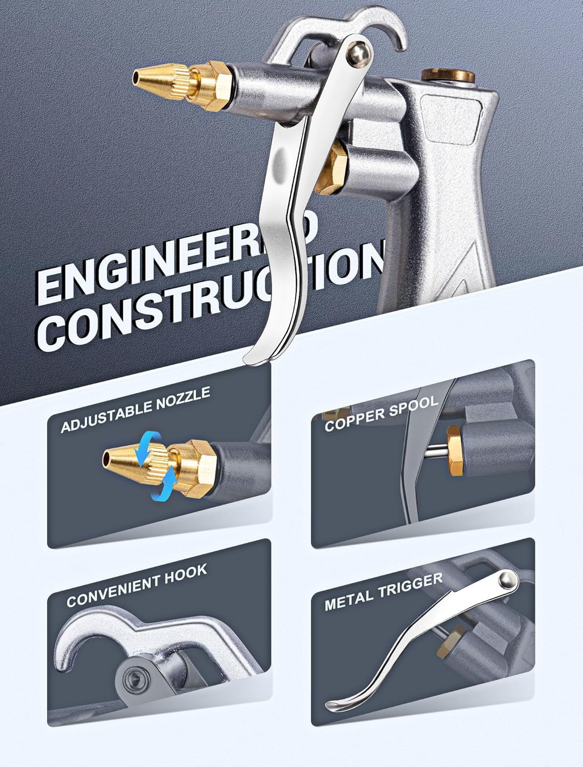 HRTGFD-Industrial Air Blow Gun with Brass Adjustable Air Flow Nozzle and 2 Steel Extension, Pneumatic Air Compressor Accessory Tool Dust Cleaning and Blower Gun