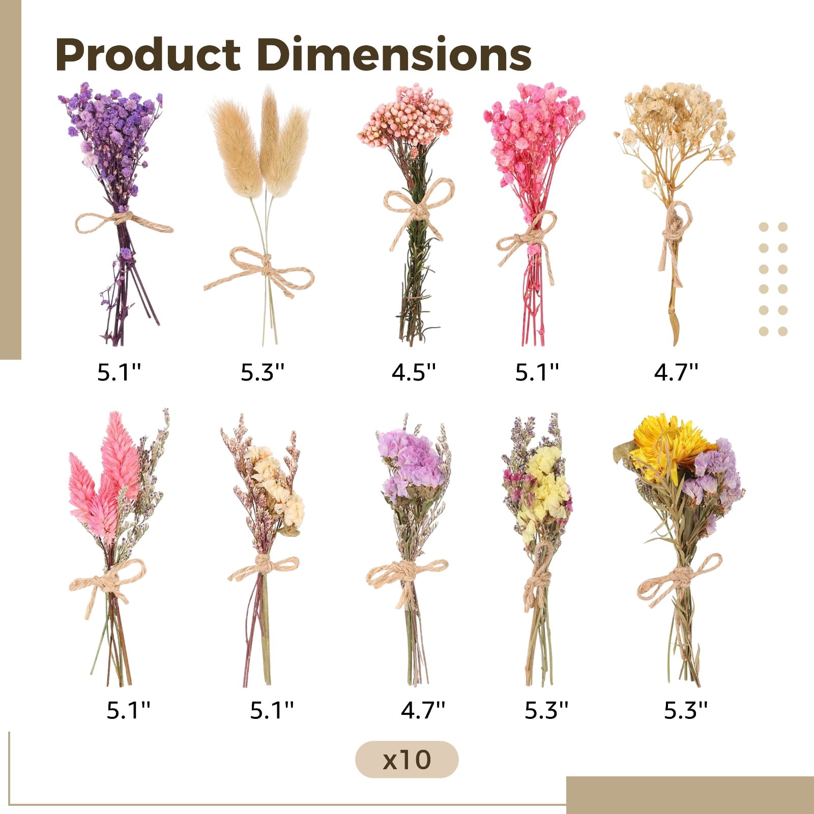 10 Bundles Mini Dried Natural Flower Bundles, 4.5-5.3 in Small Lightweight Dried Floral Arrangement, Vase DIY Wedding Decor, Valentine's Day Gift