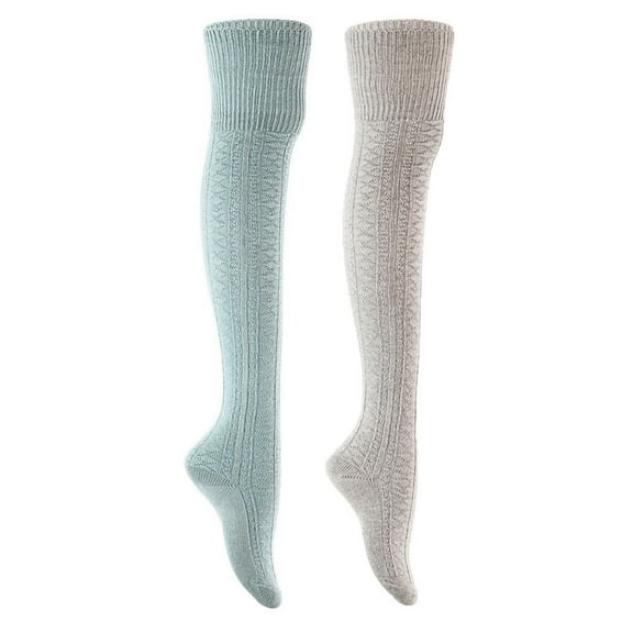 Lian Style Women's 2 Pairs Long Lasting, Colorful and Fancy Thigh High Over the Knee High Cotton Socks JMYP1025 Size 6-9 Sky Blue, Gre