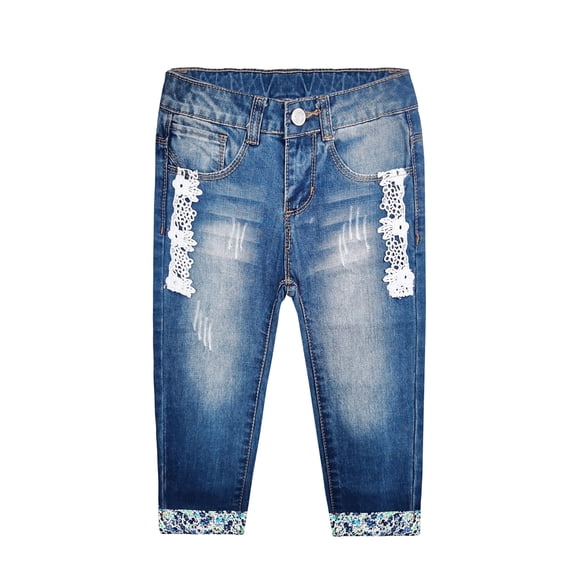 KIDSCOOL SPACE Little Girls Jeans, Lace Patchwork Cuffed Bottom Ripped Denim Pants,Blue,6-7 Years
