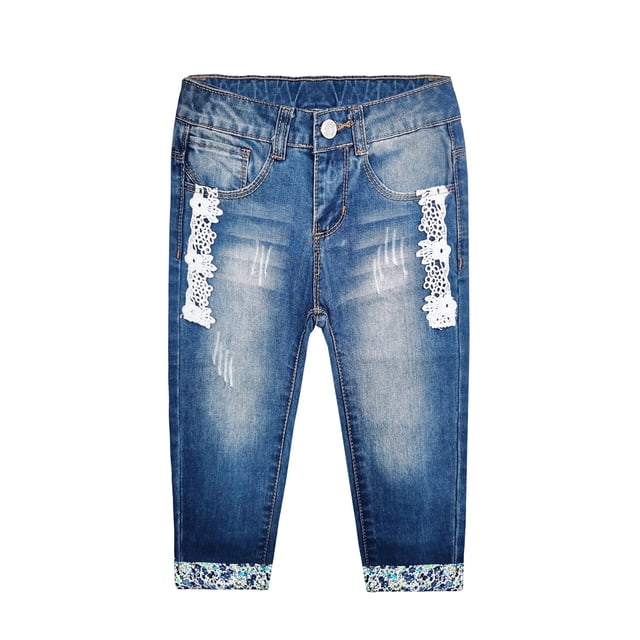 KIDSCOOL SPACE Little Girls Jeans, Lace Patchwork Cuffed Bottom Ripped Denim Pants,Blue,6-7 Years