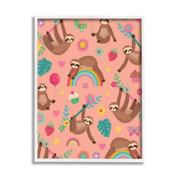 Stupell Industries Sloths Climbing Botanical Branches Whimsical Floral Pattern Graphic Art White Framed Art Print Wall Art, Design by Lisa Perry Whitebutton