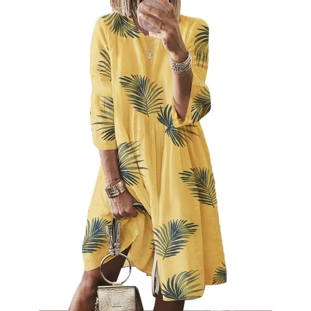 HIMONE Robes Bohèmes Décontractées Grandes pour Femmes Manches Longues Tunique Chemises Robe Col Rond Robe Ligne A Fête Travail Automne Robe Midi Grande Taille