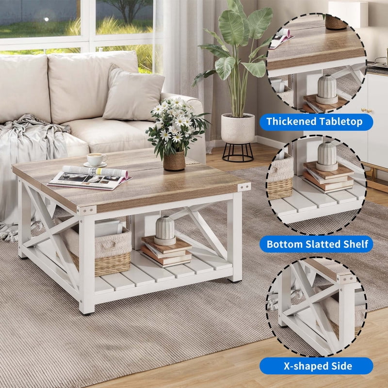 Uforic Farmhouse Coffee Table Square Wood Center Table with Storage for Living Room, Gray Wash
