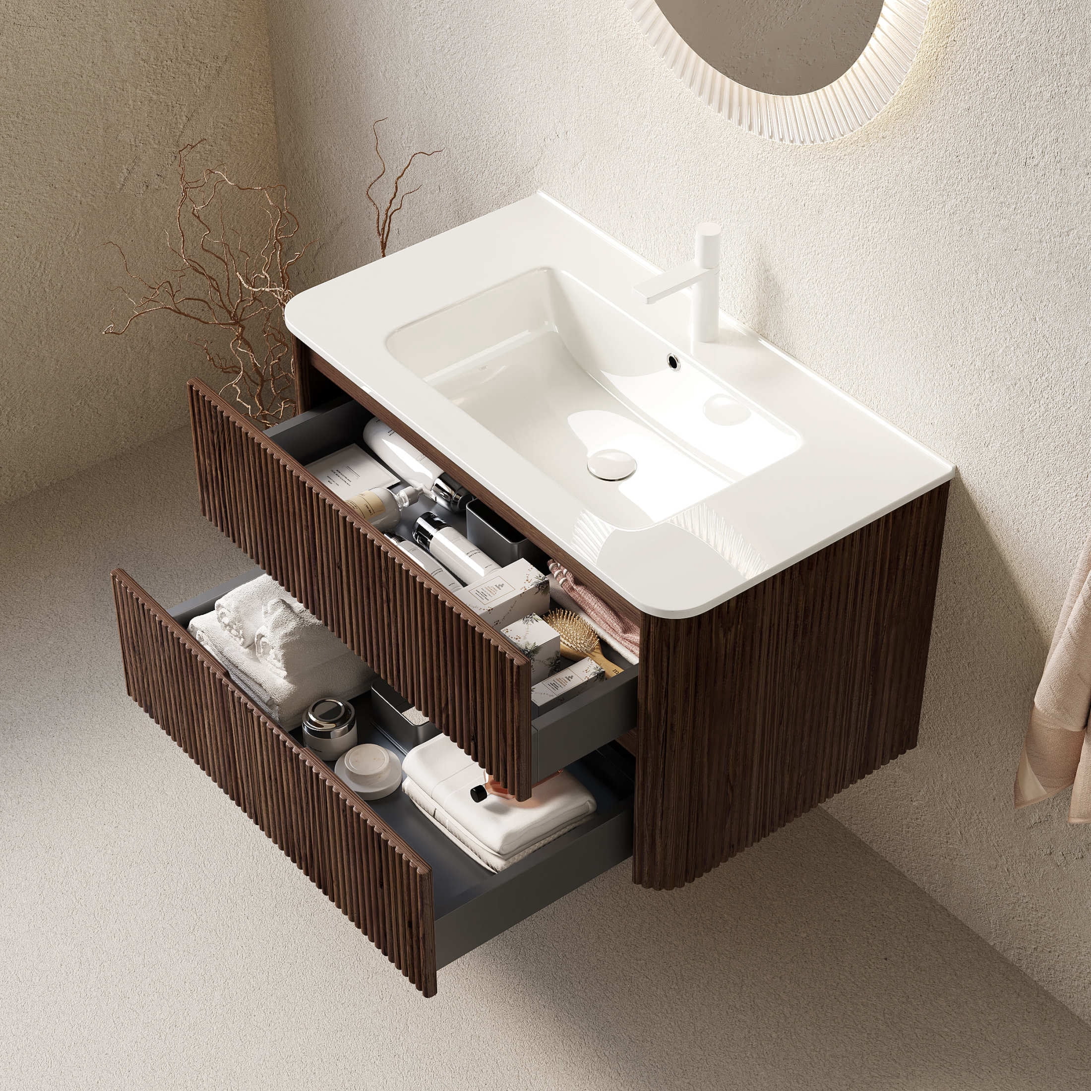 Noble House Noor 36" Floating Bathroom Vanity with Seamless Ceramic Basin, Retro Soft-Close Drawers, Walnut