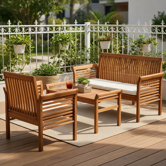 Topcobe 4 Pieces Outdoor Acacia Wood Sofa Furniture Set, Wooden Patio Furniture Set