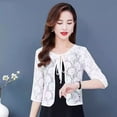 thumbnail image 4 of Women Fall Spring Coat Lace-up Floral Embroidery Solid Color Shawl Three Quarter Sleeves Loose Hollow Out Lace Round Neck Short Type Sun Protection Jacket, 4 of 8