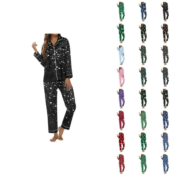 Christmas Pajamas for Women Set 2025 Silk Long Sleeve Button Collared Sleep Shirt and Pants Pjs Set Womens Pajama Sets
