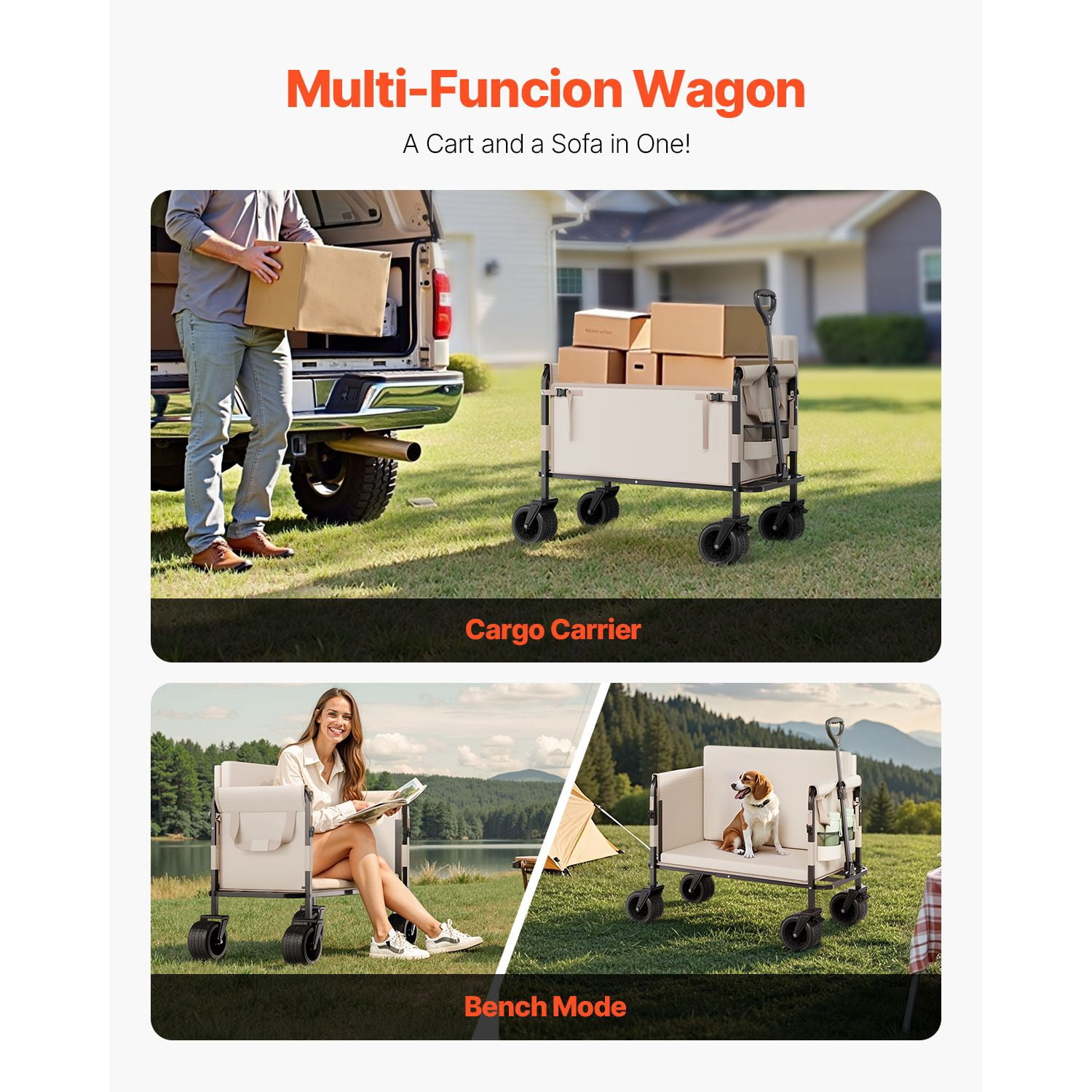 Collapsible Folding Wagon, 550lb Load & 220L, 2 in 1 Foldable Wagon Cart Converts to Bench, Utility Wagon with Adjustable Handle, Outdoor Cart for Groceries Shopping, Camping, Gardening