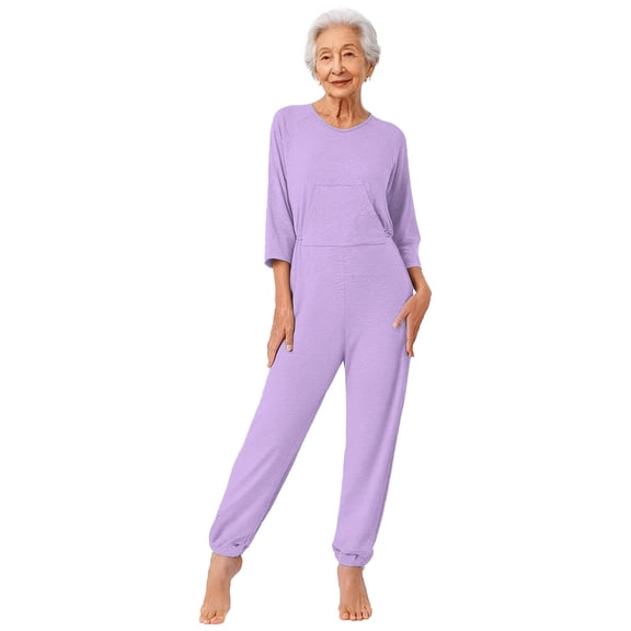 Raenseen Women's Dementia Clothing Alzheimers Elderly Anti-Strip Jumpsuit Long Sleeve Nursing Rompers Lavender L