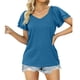 thumbnail image 1 of Camiseta de manga corta con volantes de Color puro para mujer, camiseta cómoda con cuello en V para mujer, camiseta de Color liso, 1 of 5