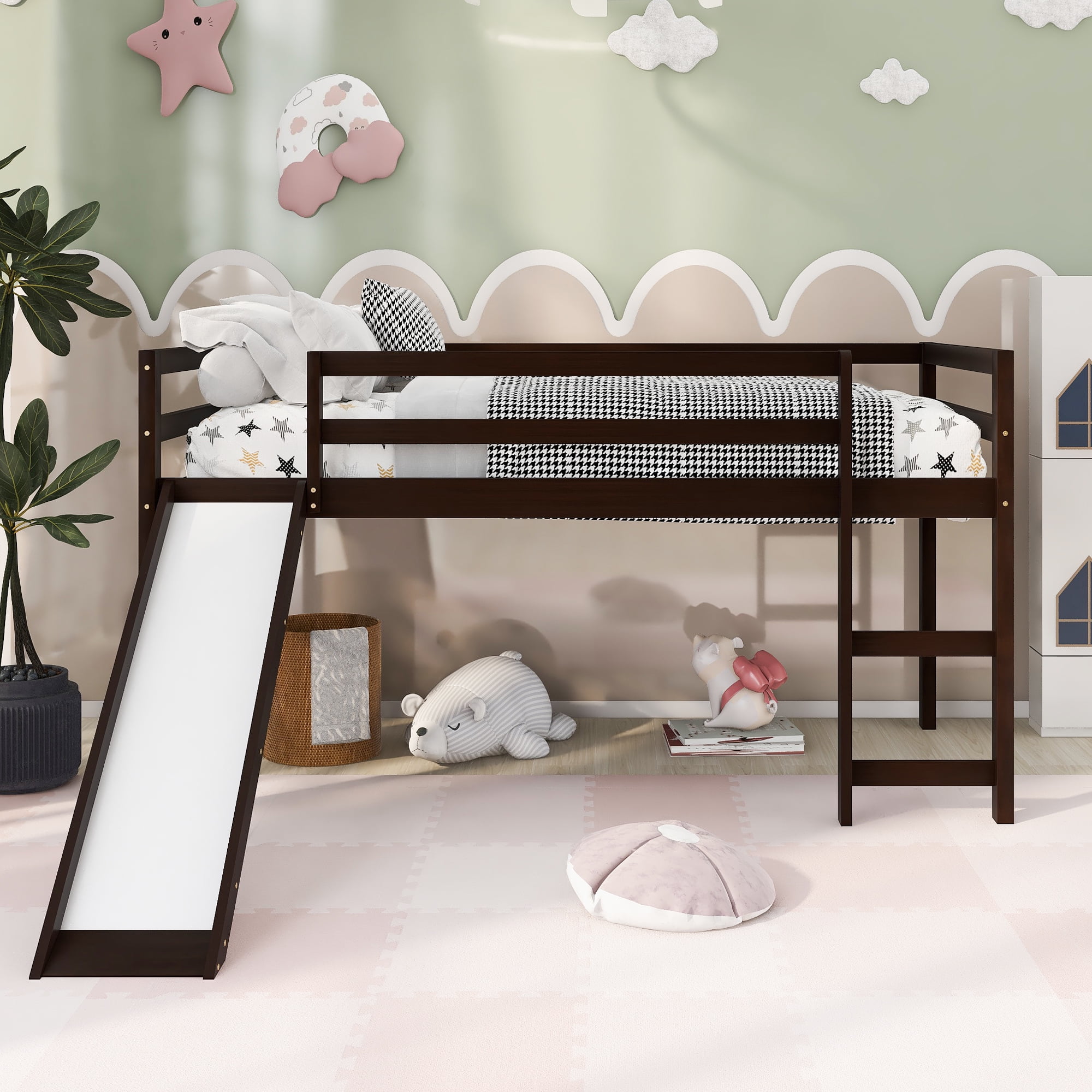 Aukfa Low Loft Bed with Slide, Wooden Twin Loft Bed for Kids Teens - Espresso