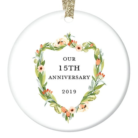 15th Anniversary Gifts, Fifteenth Christmas Ornament 2019, 15 Years Together Couple Husband & Wife Love Wedding Anniversaries Ceramic Present Keepsake 3