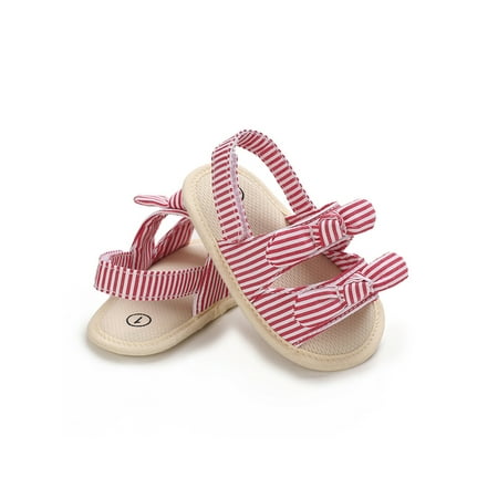 

Woobling Infant Sandals Bowknot Crib Shoes First Walkers Flat Sandal Walking Flats Comfort Soft Shoe Magic Tape Non-Slip Red Striped 12-18 months