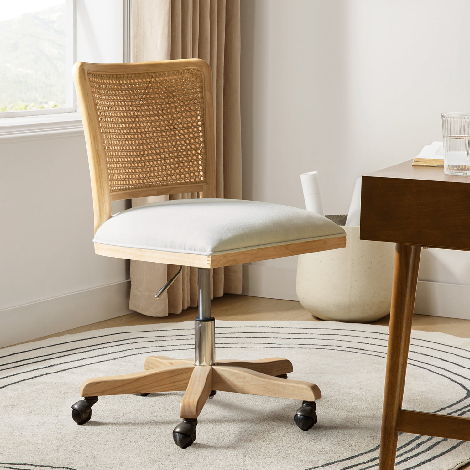 Swivel Office Chair Wooden Rattan Back Adult Task Chair Living Office Room, Beige