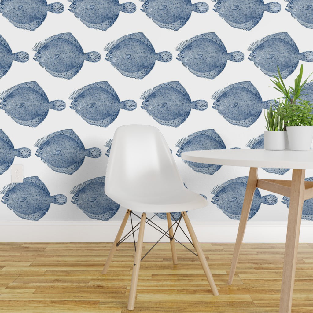 Removable Wallpaper 6ft x 2ft - Vintage Illustration Flounder Fish- White  And Blue Custom Pre-pasted Wallpaper by Spoonflower 
