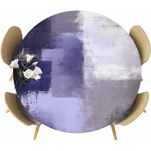 Purple Gray Round Tablecloth for 45-52 Tables, Waterproof Outdoor Table Cloths 52 Inch Round Fitted Tablecloth with Elastic, Modern Oil Painted Art Abstract Geometric Table Cloth Cover for Picnic
