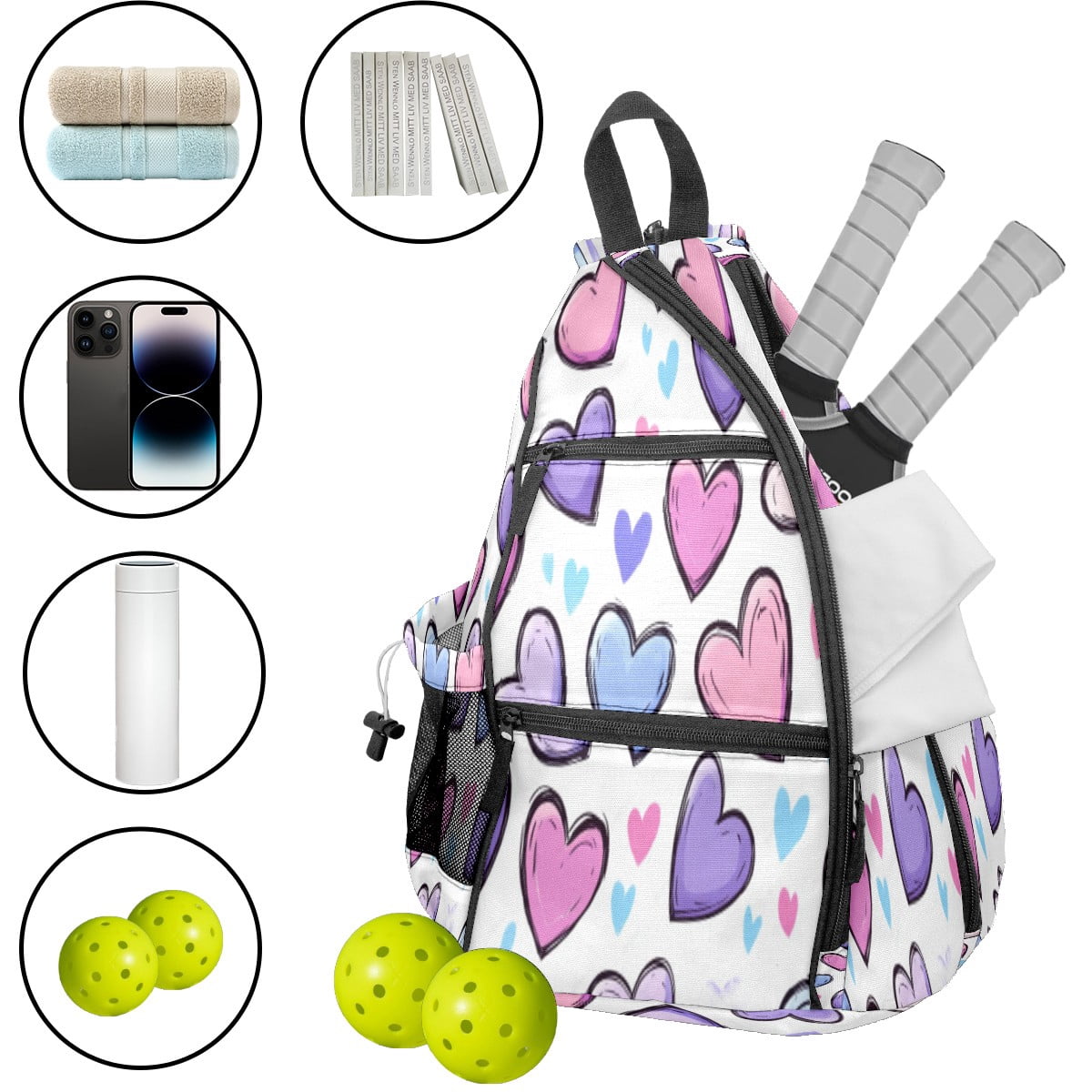 Pickleball Bags for Men Women Pickleball Backpack with Large Capacity Lightweight Adjustable Pickleball Sling Bag Hold Paddles, Balls, Accessories Colorful Heart Pattern